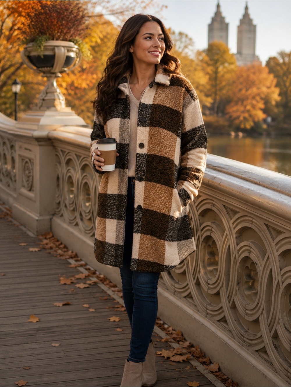 RDI Brown & Cream Plaid Teddy Coat